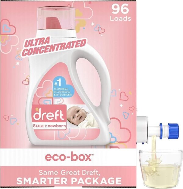Dreft Stage 1: Baby Laundry Detergent Liquid Soap Eco-Box, Natural For Newborn, Or Infant, Ultra Concentrated He, 96 Loads